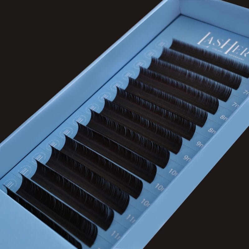 Dark brown eyelash extensions with Semi Matte finish.